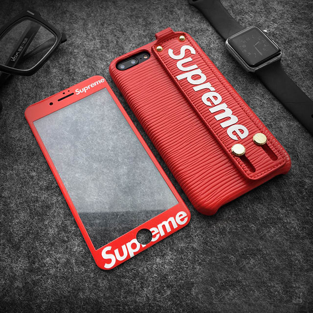 シュプリームiPhone X/XRケース supreme保護フィルム バンド付き 革製