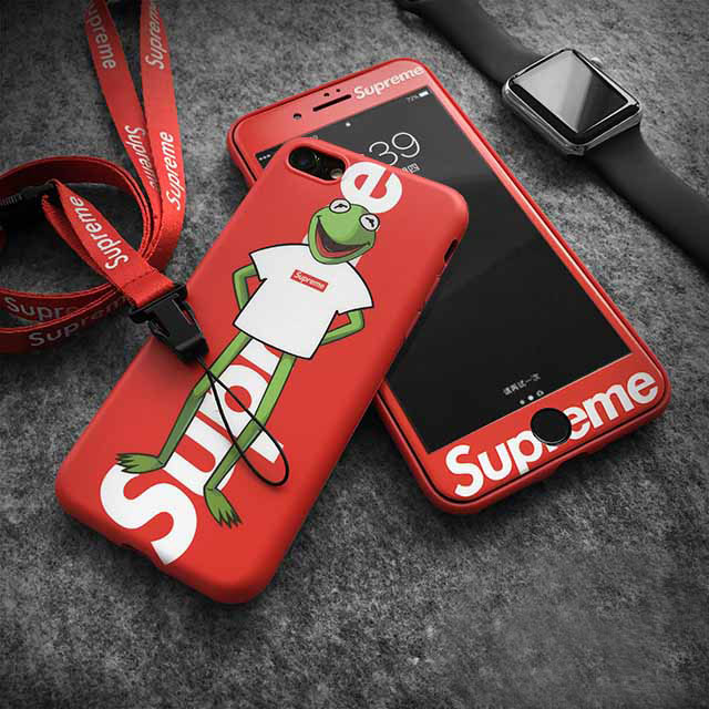 iphone 8/8 plus/xケース+強化ガラス Supreme&Kermit 蛙 可愛い