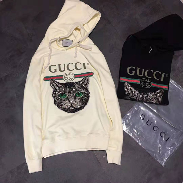 グッチ プルオーバー パーカー 猫柄 GUCCI スウェット トレーナー メンズ レディース ブラント パーカ フード付き 白 ホワイト 黒 ブラック  秋 冬