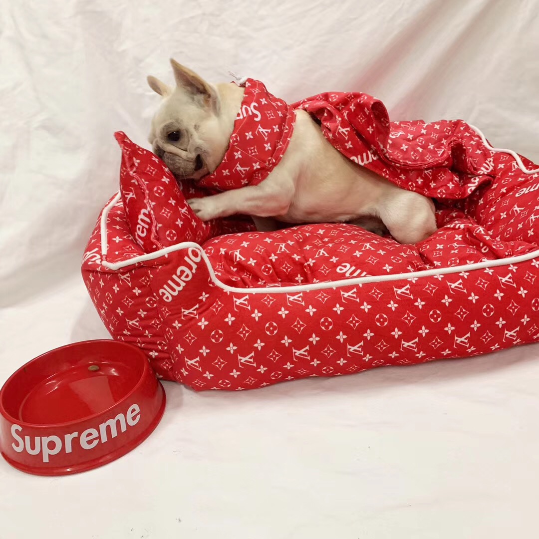 シュプリーム ヴィトンコラボ ペット ベッド 犬猫用ベッド 犬用 ブランケット 枕 ブランド 犬用品 超可愛い