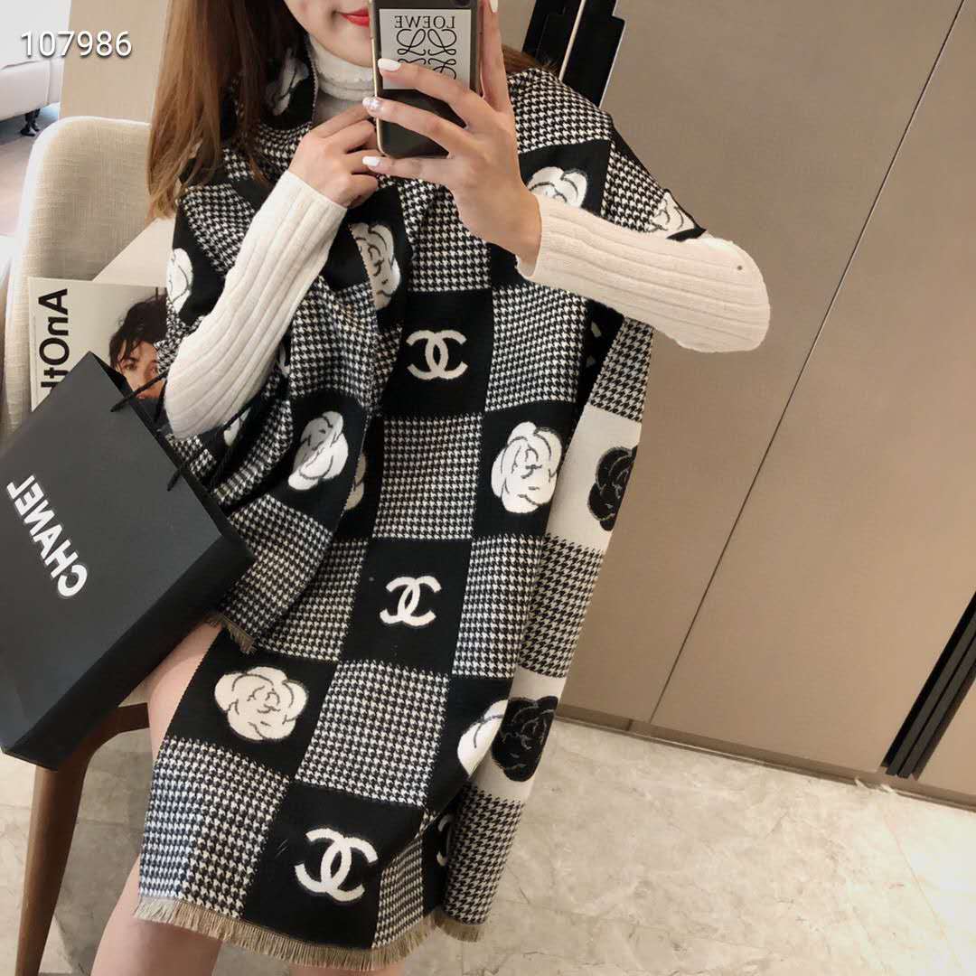 シャネル ストール カメリア チェック柄 CHANEL マフラー 大判ストール レディース向け ネックウォーマー